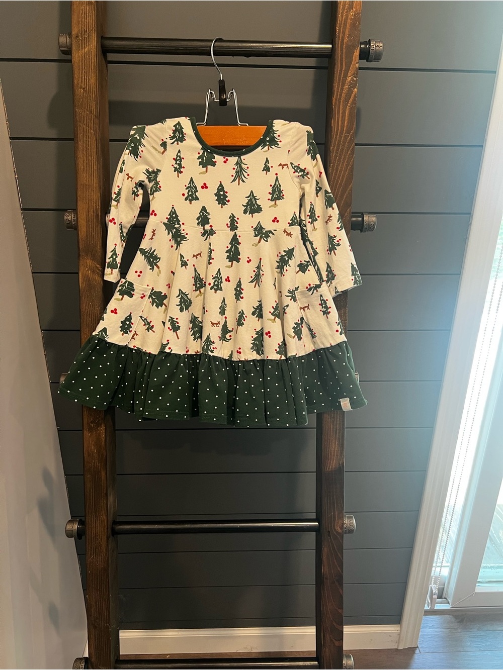 SweetHoney Cream Twirl Dress with Green Tree Print and Dark Green Ruffle